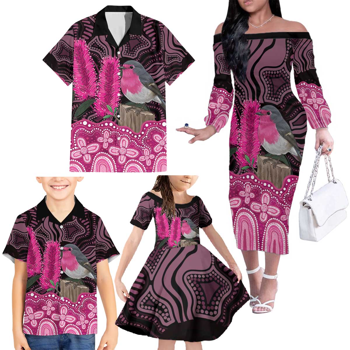 Australia Indigenous Family Matching Off The Shoulder Long Sleeve Dress and Hawaiian Shirt Breast Cancer Pink Robin Bottlebrush Aboriginal Art - Vibe Hoodie