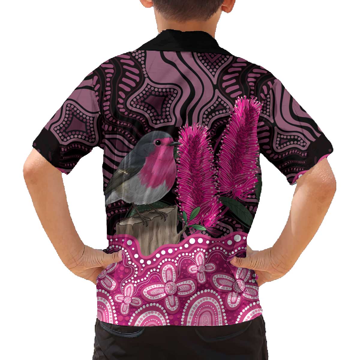 Australia Indigenous Family Matching Off The Shoulder Long Sleeve Dress and Hawaiian Shirt Breast Cancer Pink Robin Bottlebrush Aboriginal Art - Vibe Hoodie