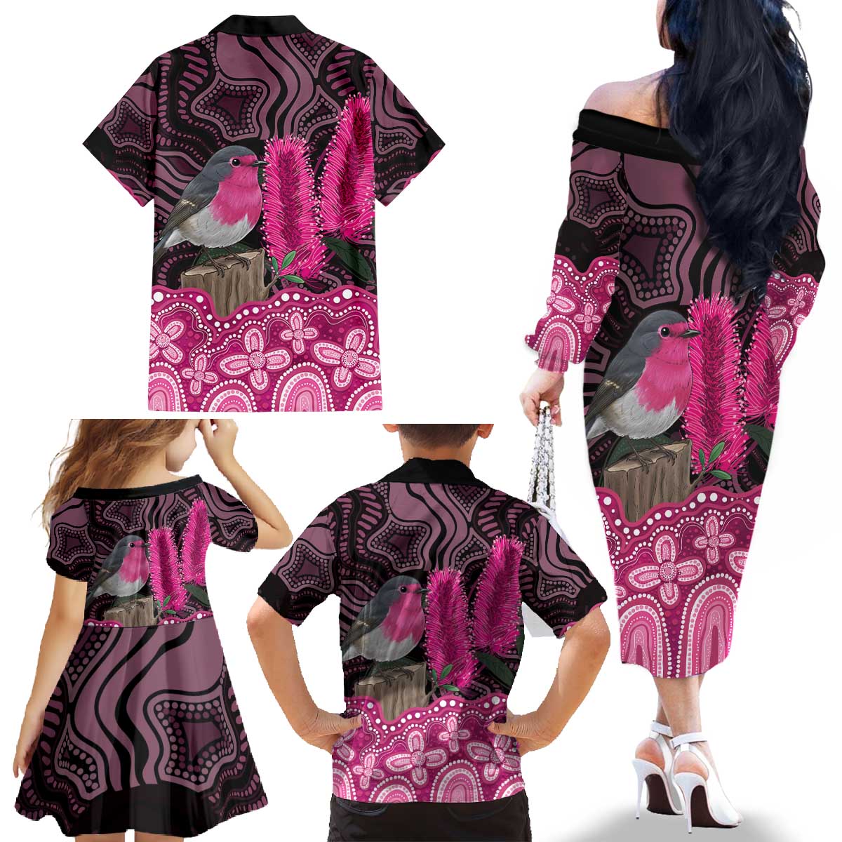 Australia Indigenous Family Matching Off The Shoulder Long Sleeve Dress and Hawaiian Shirt Breast Cancer Pink Robin Bottlebrush Aboriginal Art - Vibe Hoodie