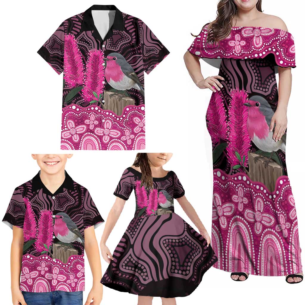 Australia Indigenous Family Matching Off Shoulder Maxi Dress and Hawaiian Shirt Breast Cancer Pink Robin Bottlebrush Aboriginal Art - Vibe Hoodie