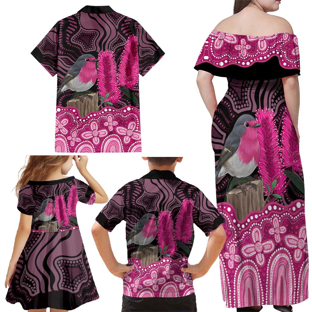 Australia Indigenous Family Matching Off Shoulder Maxi Dress and Hawaiian Shirt Breast Cancer Pink Robin Bottlebrush Aboriginal Art - Vibe Hoodie