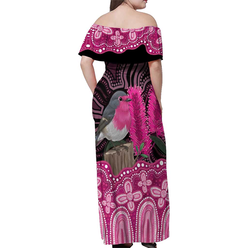 Australia Indigenous Family Matching Off Shoulder Maxi Dress and Hawaiian Shirt Breast Cancer Pink Robin Bottlebrush Aboriginal Art - Vibe Hoodie