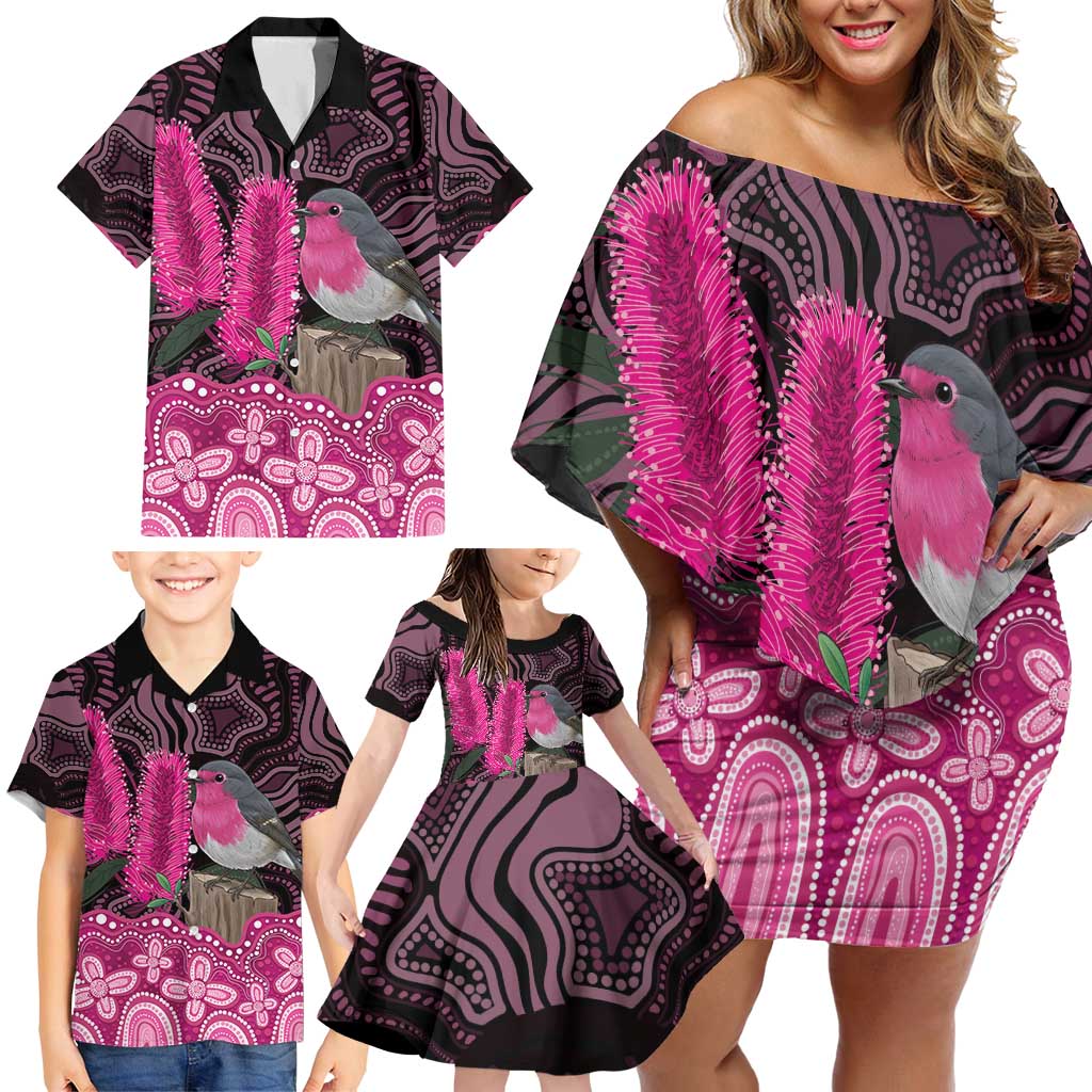 Australia Indigenous Family Matching Off Shoulder Short Dress and Hawaiian Shirt Breast Cancer Pink Robin Bottlebrush Aboriginal Art - Vibe Hoodie