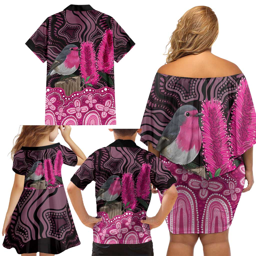 Australia Indigenous Family Matching Off Shoulder Short Dress and Hawaiian Shirt Breast Cancer Pink Robin Bottlebrush Aboriginal Art - Vibe Hoodie