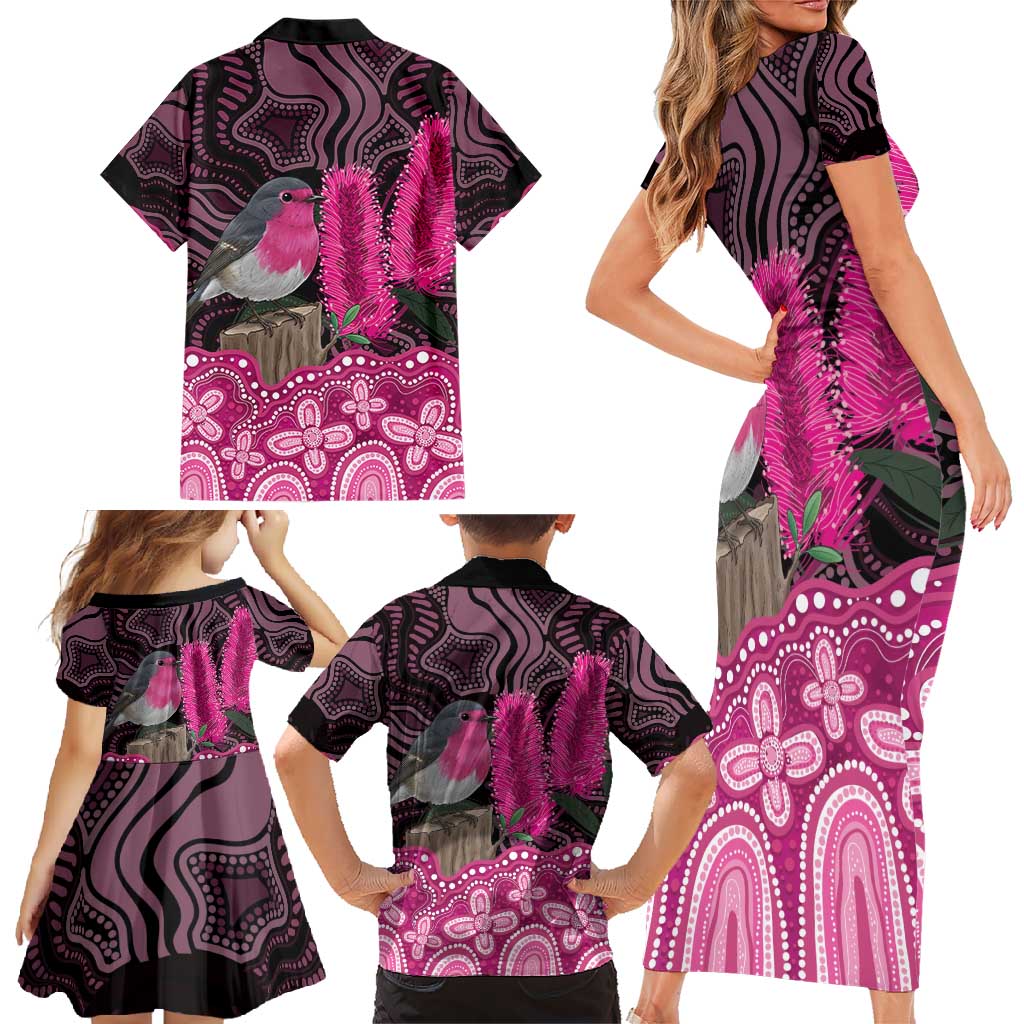 Australia Indigenous Family Matching Short Sleeve Bodycon Dress and Hawaiian Shirt Breast Cancer Pink Robin Bottlebrush Aboriginal Art - Vibe Hoodie