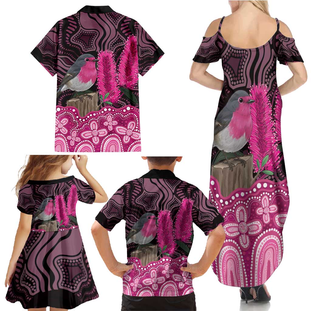 Australia Indigenous Family Matching Summer Maxi Dress and Hawaiian Shirt Breast Cancer Pink Robin Bottlebrush Aboriginal Art - Vibe Hoodie