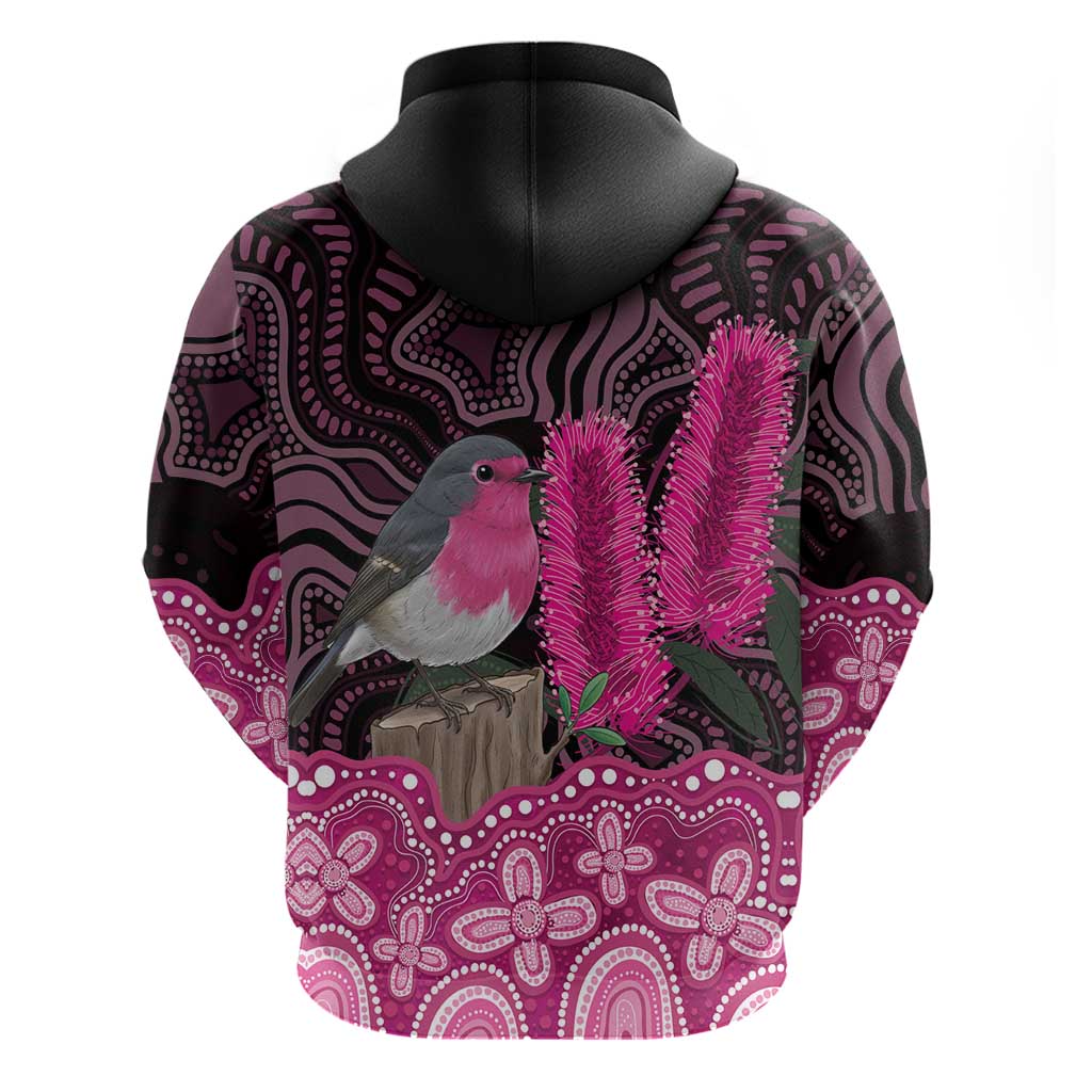 Australia Indigenous Hoodie Breast Cancer Pink Robin Bottlebrush Aboriginal Art - Vibe Hoodie