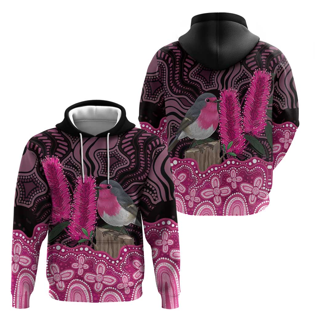 Australia Indigenous Hoodie Breast Cancer Pink Robin Bottlebrush Aboriginal Art - Vibe Hoodie