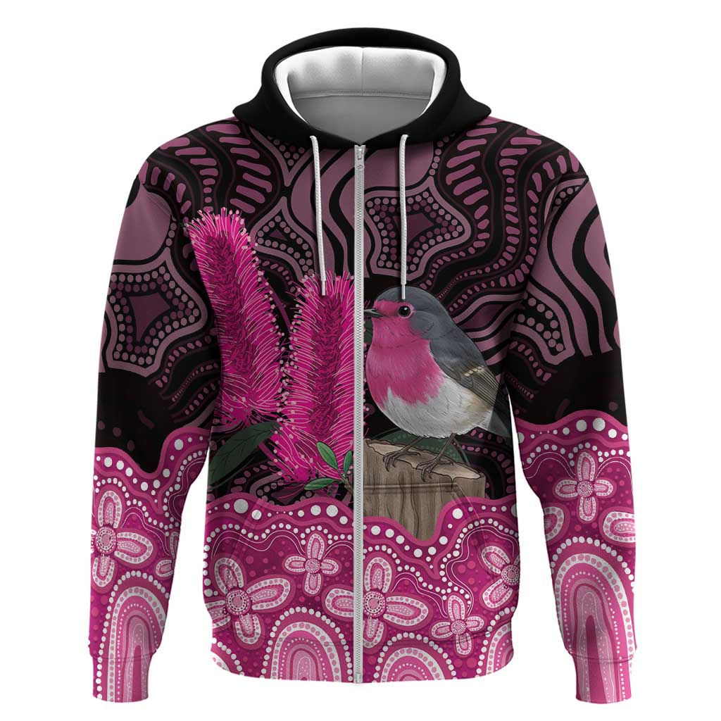 Australia Indigenous Hoodie Breast Cancer Pink Robin Bottlebrush Aboriginal Art - Vibe Hoodie