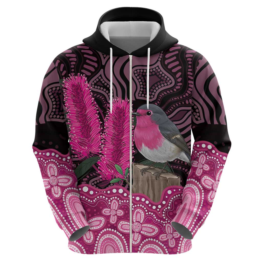 Australia Indigenous Hoodie Breast Cancer Pink Robin Bottlebrush Aboriginal Art - Vibe Hoodie