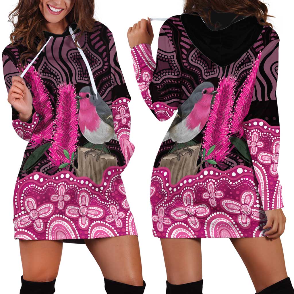 Australia Indigenous Hoodie Dress Breast Cancer Pink Robin Bottlebrush Aboriginal Art - Vibe Hoodie