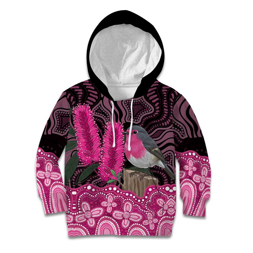 Australia Indigenous Kid Hoodie Breast Cancer Pink Robin Bottlebrush Aboriginal Art - Vibe Hoodie