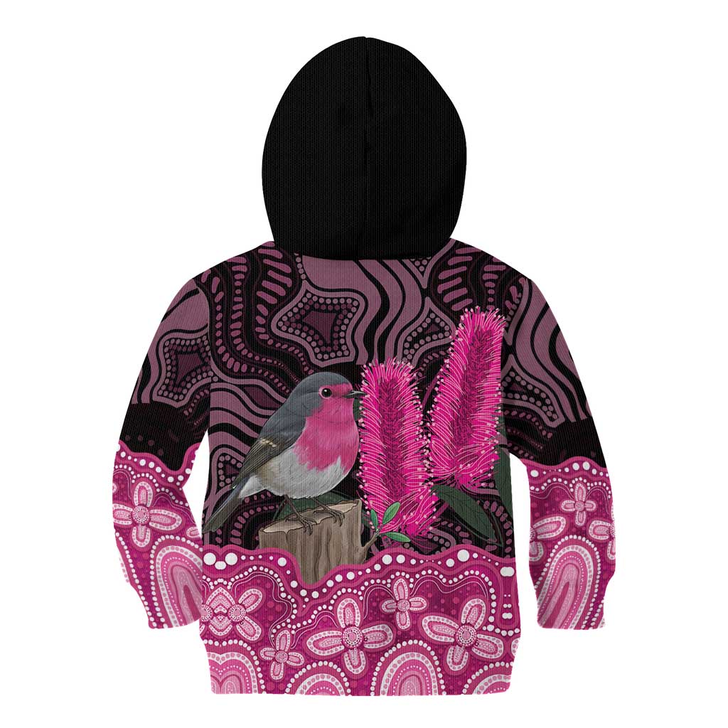 Australia Indigenous Kid Hoodie Breast Cancer Pink Robin Bottlebrush Aboriginal Art - Vibe Hoodie