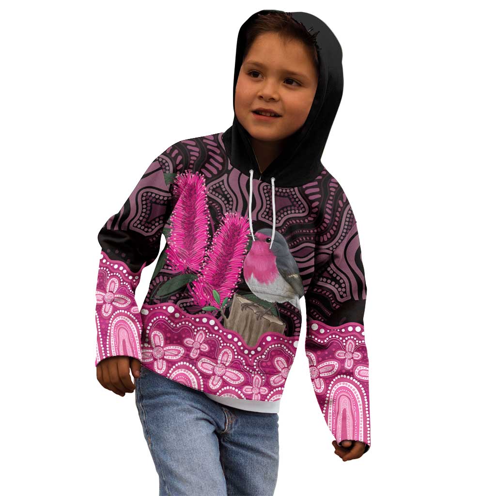 Australia Indigenous Kid Hoodie Breast Cancer Pink Robin Bottlebrush Aboriginal Art - Vibe Hoodie
