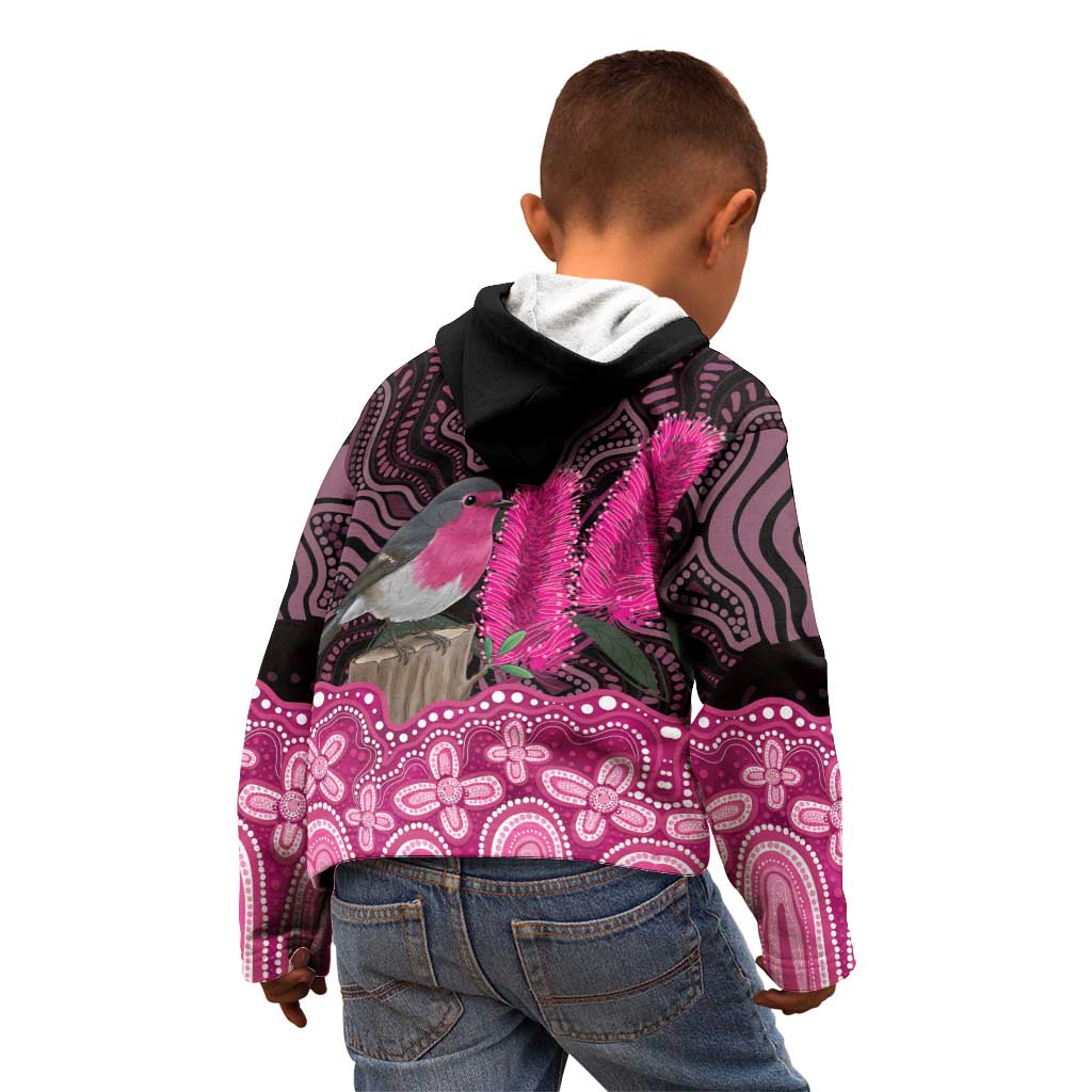Australia Indigenous Kid Hoodie Breast Cancer Pink Robin Bottlebrush Aboriginal Art - Vibe Hoodie