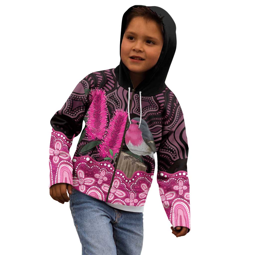 Australia Indigenous Kid Hoodie Breast Cancer Pink Robin Bottlebrush Aboriginal Art - Vibe Hoodie