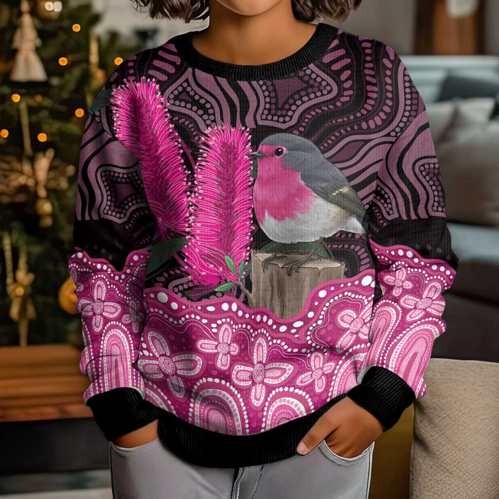 Australia Indigenous Kid Ugly Christmas Sweater Breast Cancer Pink Robin Bottlebrush Aboriginal Art - Vibe Hoodie