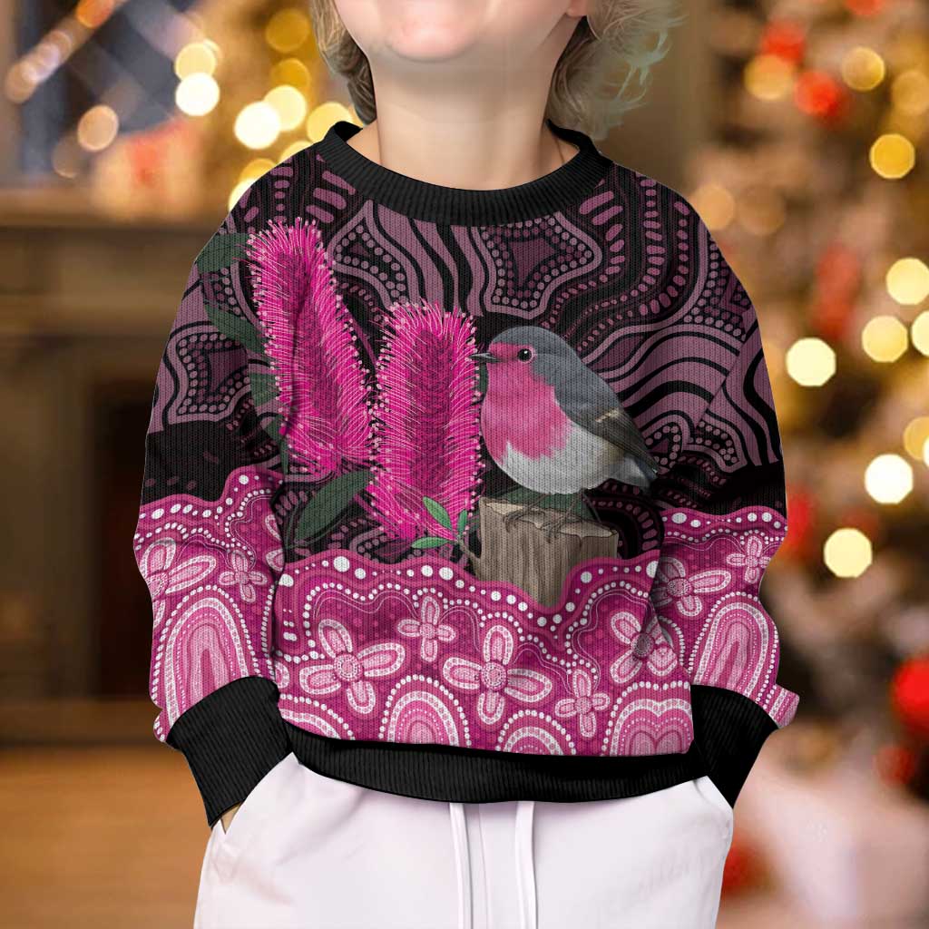 Australia Indigenous Kid Ugly Christmas Sweater Breast Cancer Pink Robin Bottlebrush Aboriginal Art - Vibe Hoodie
