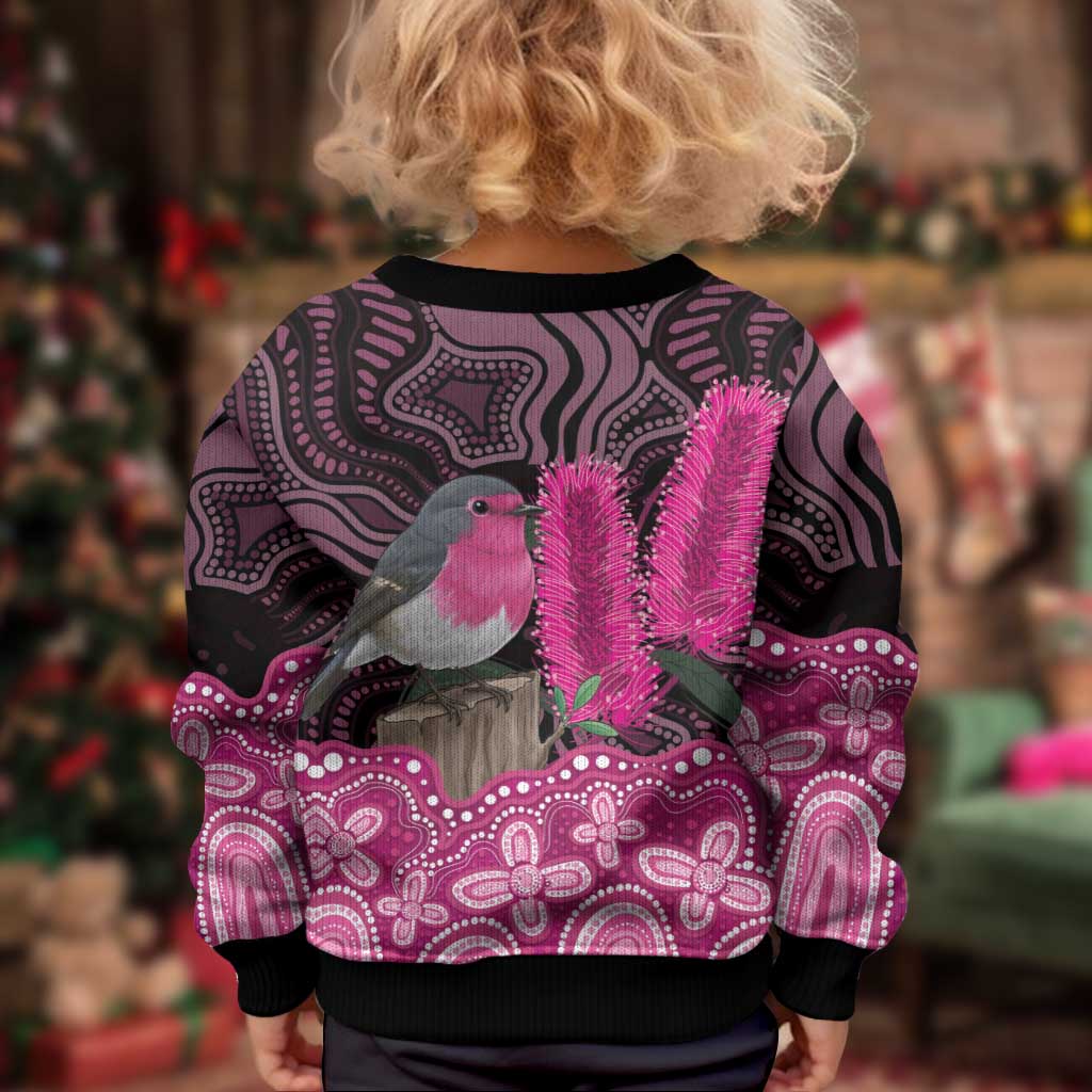 Australia Indigenous Kid Ugly Christmas Sweater Breast Cancer Pink Robin Bottlebrush Aboriginal Art - Vibe Hoodie