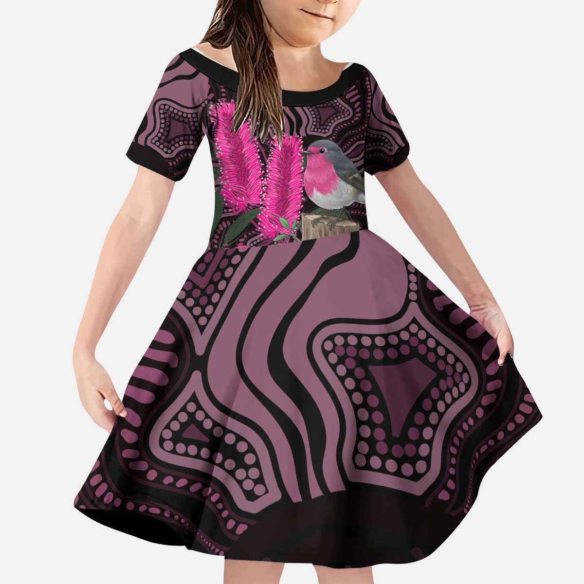 Australia Indigenous Kid Short Sleeve Dress Breast Cancer Pink Robin Bottlebrush Aboriginal Art - Vibe Hoodie