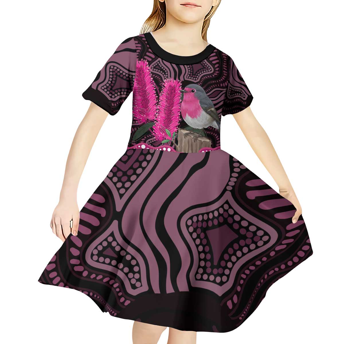 Australia Indigenous Kid Short Sleeve Dress Breast Cancer Pink Robin Bottlebrush Aboriginal Art - Vibe Hoodie