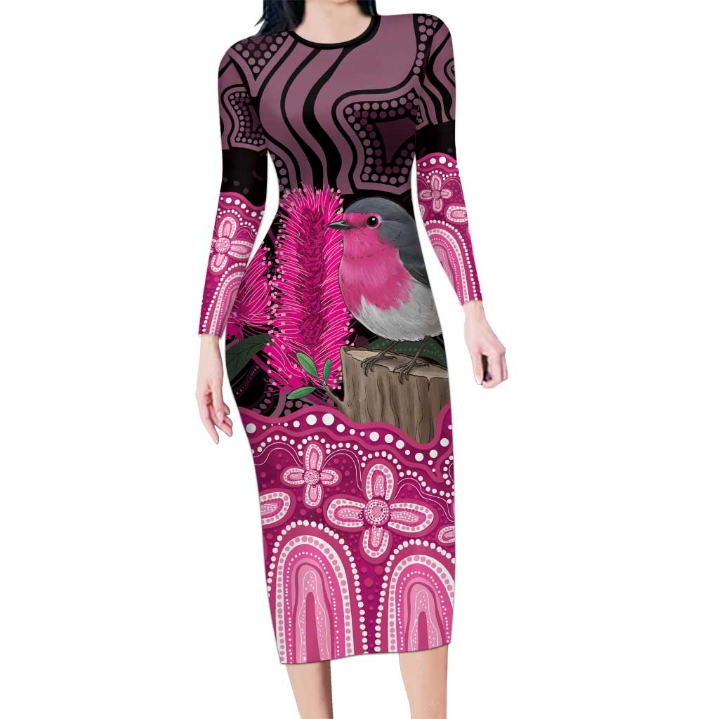 Australia Indigenous Long Sleeve Bodycon Dress Breast Cancer Pink Robin Bottlebrush Aboriginal Art - Vibe Hoodie