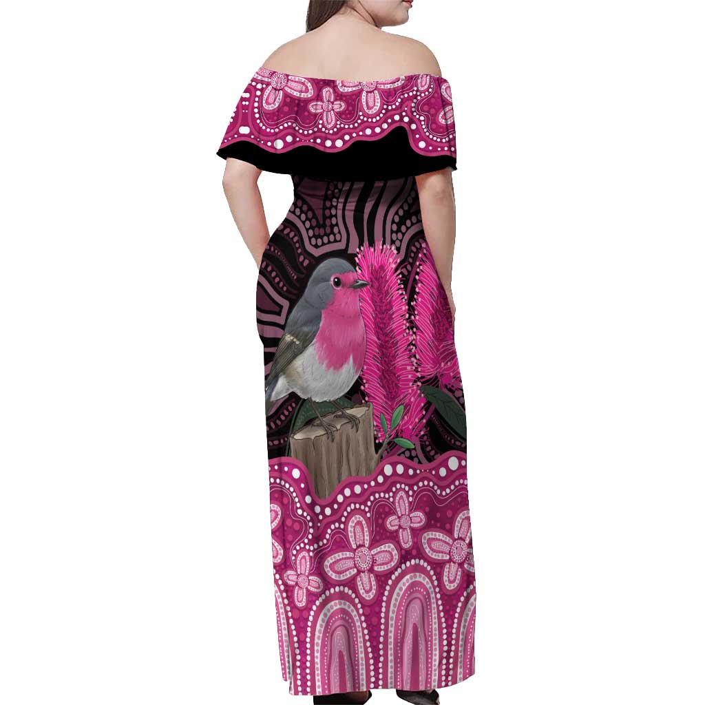 Australia Indigenous Off Shoulder Maxi Dress Breast Cancer Pink Robin Bottlebrush Aboriginal Art - Vibe Hoodie