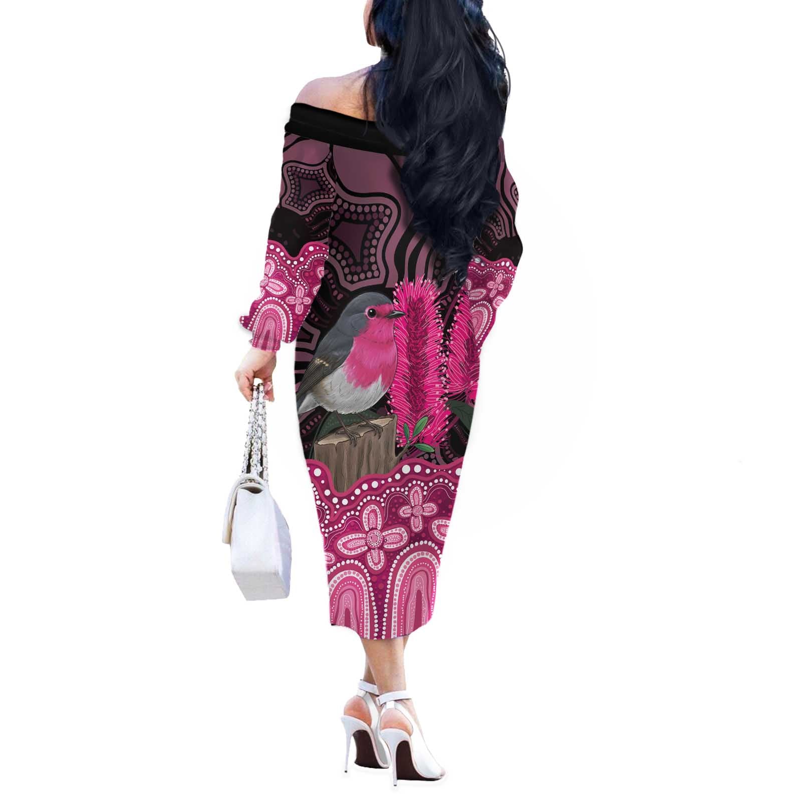 Australia Indigenous Off The Shoulder Long Sleeve Dress Breast Cancer Pink Robin Bottlebrush Aboriginal Art - Vibe Hoodie