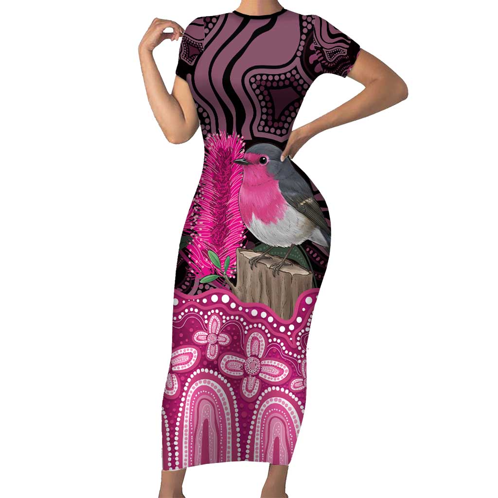 Australia Indigenous Short Sleeve Bodycon Dress Breast Cancer Pink Robin Bottlebrush Aboriginal Art - Vibe Hoodie