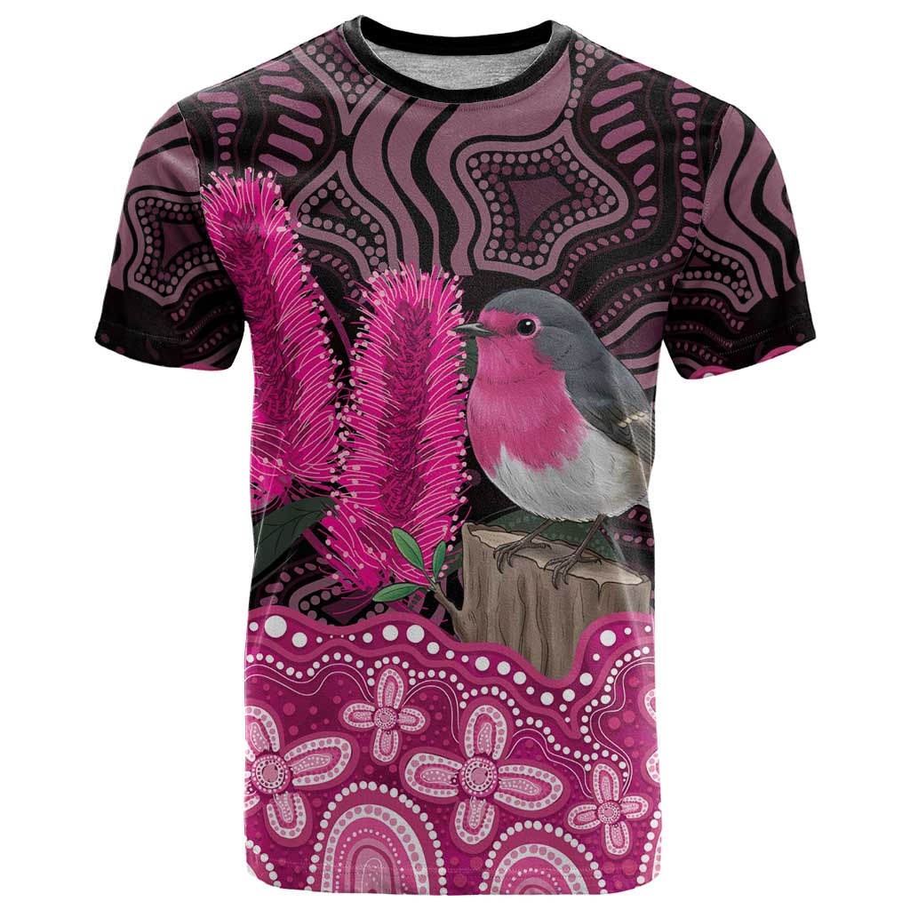 Australia Indigenous T Shirt Breast Cancer Pink Robin Bottlebrush Aboriginal Art - Vibe Hoodie