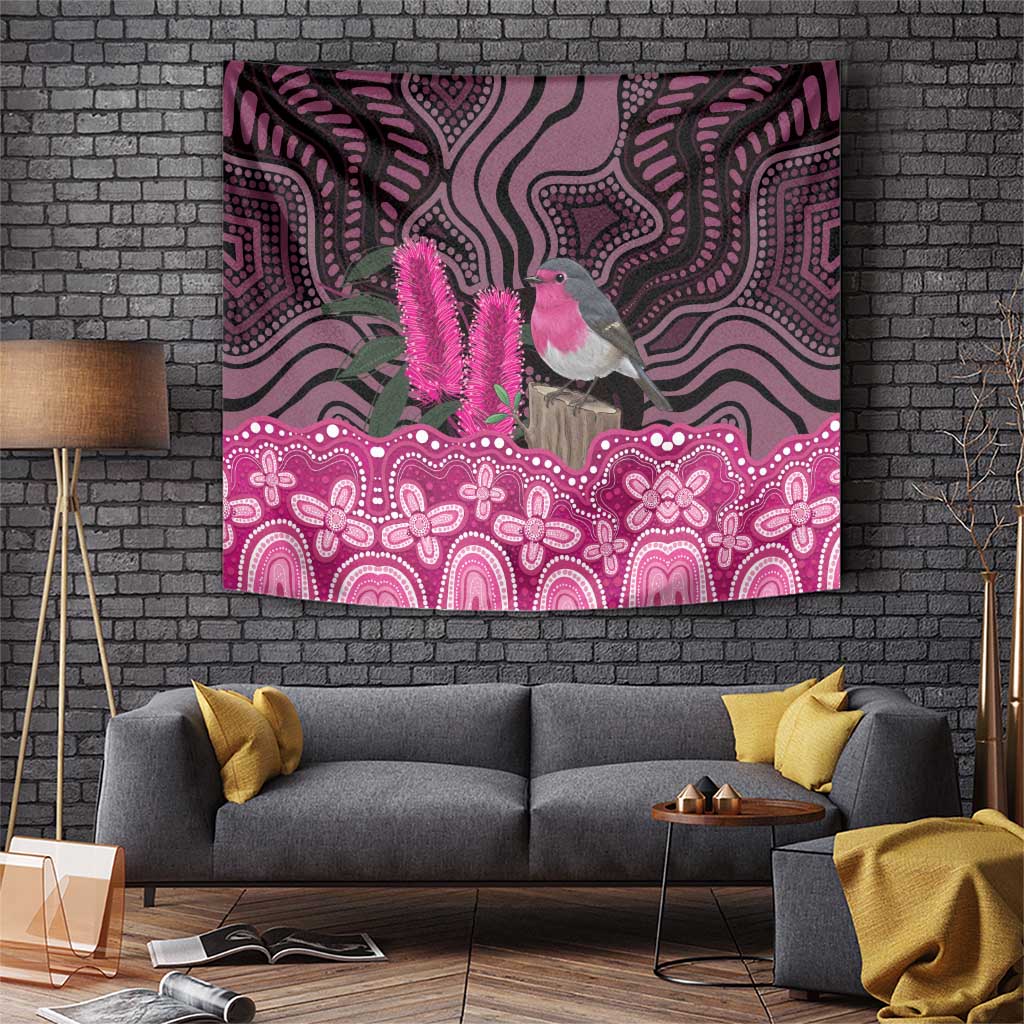 Australia Indigenous Tapestry Breast Cancer Pink Robin Bottlebrush Aboriginal Art - Vibe Hoodie