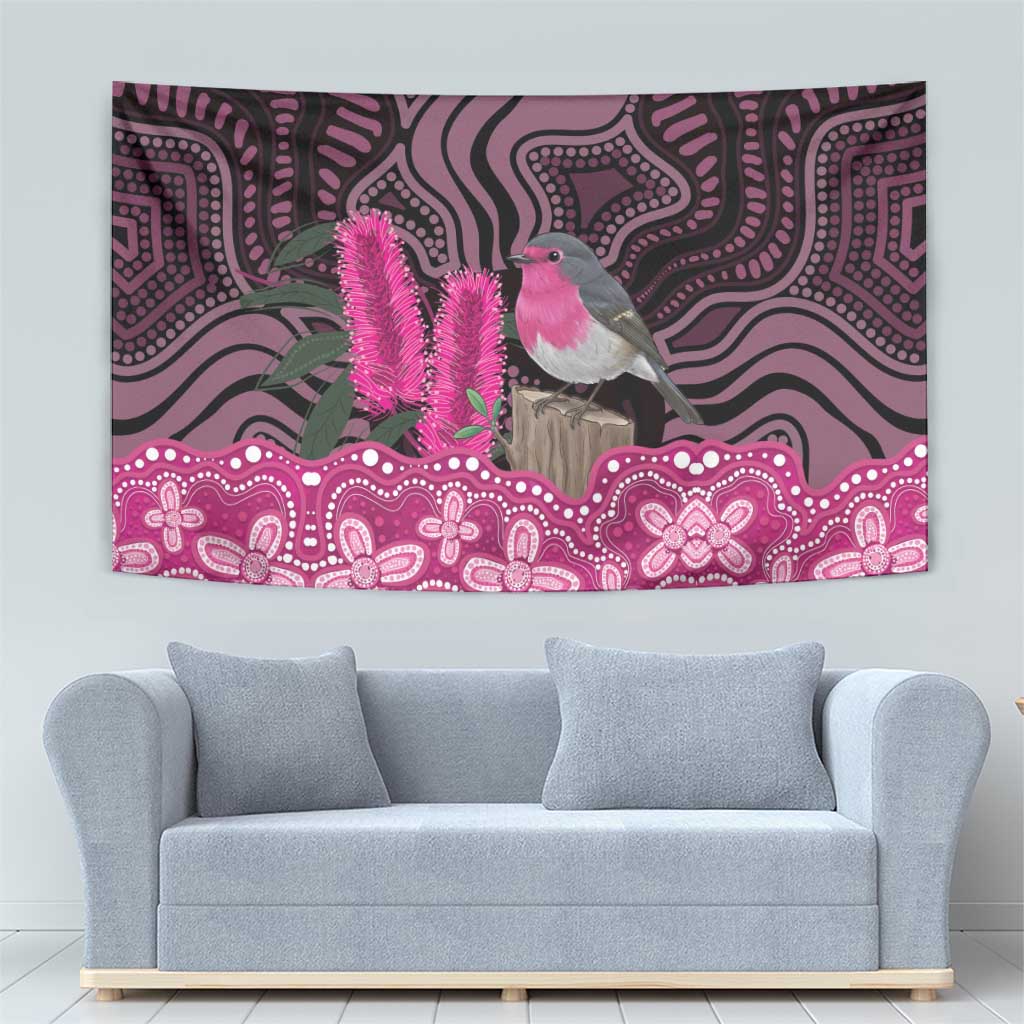 Australia Indigenous Tapestry Breast Cancer Pink Robin Bottlebrush Aboriginal Art - Vibe Hoodie