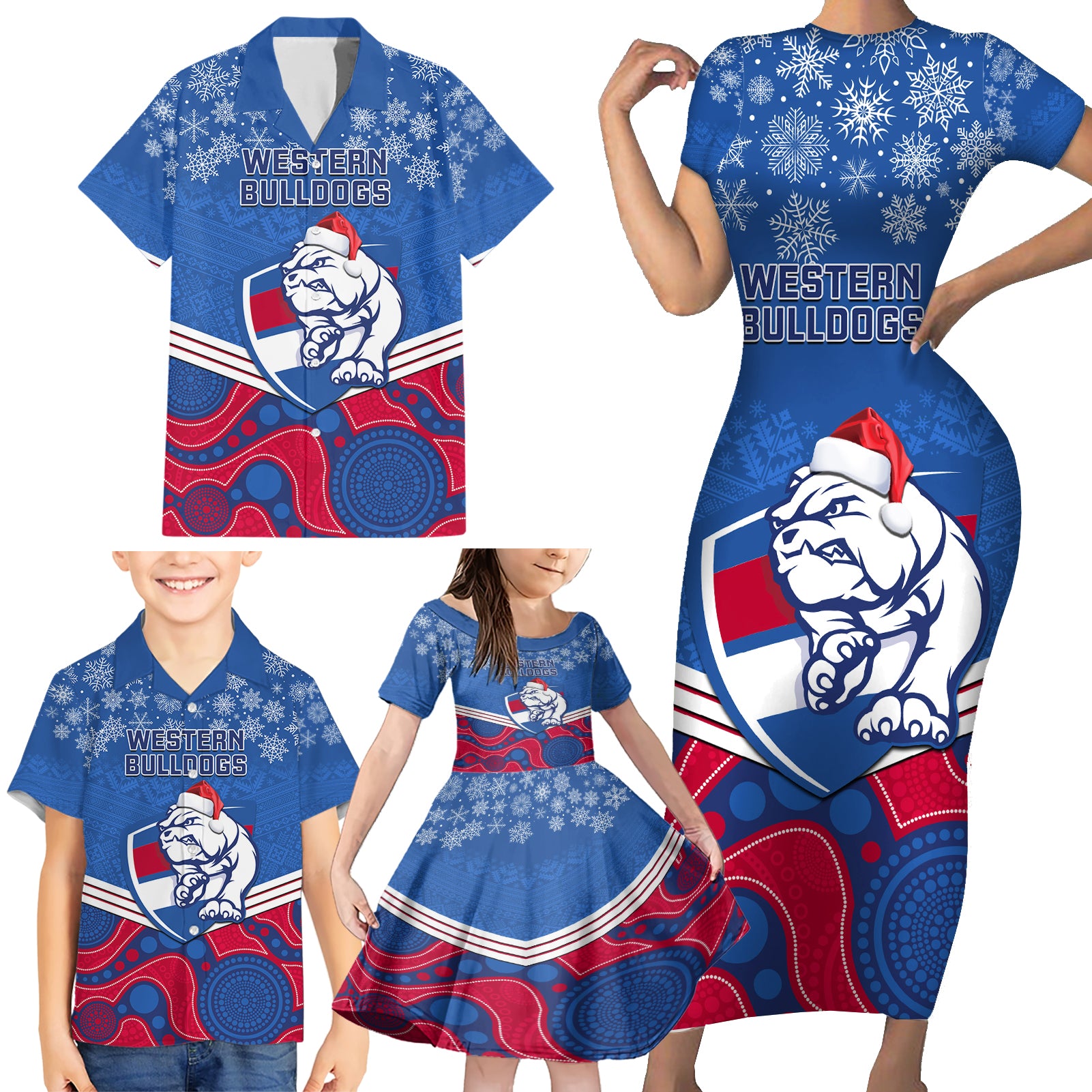 custom-bulldogs-football-christmas-family-matching-short-sleeve-bodycon-dress-and-hawaiian-shirt-merry-xmas-2023-mix-aboriginal-art