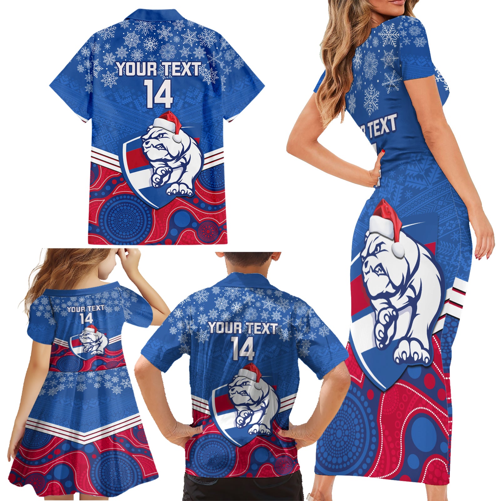 custom-bulldogs-football-christmas-family-matching-short-sleeve-bodycon-dress-and-hawaiian-shirt-merry-xmas-2023-mix-aboriginal-art