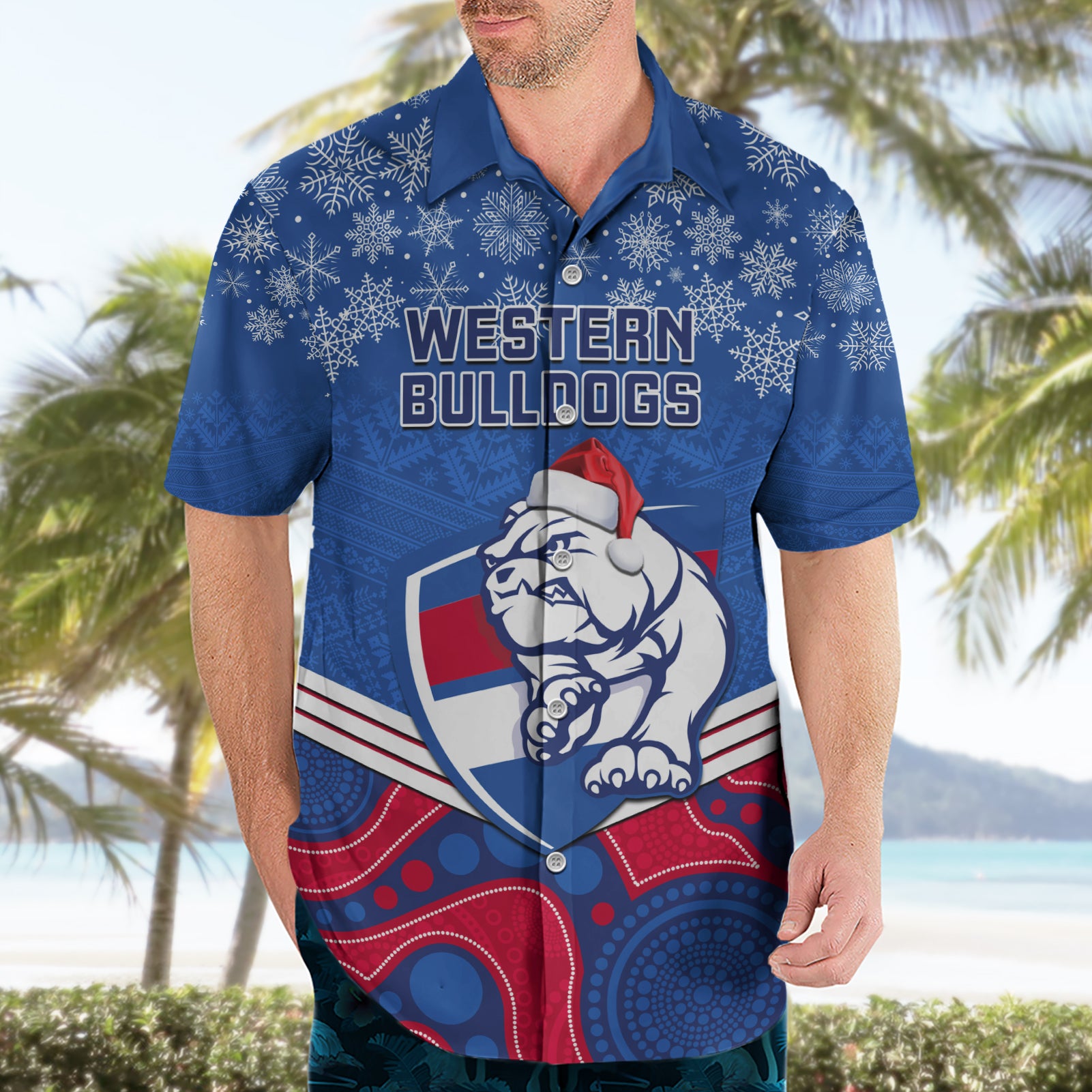 Custom Bulldogs Football Christmas Hawaiian Shirt Merry Xmas 2023 Mix Aboriginal Art - Vibe Hoodie Shop