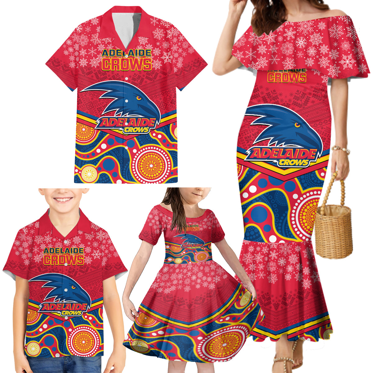 custom-adelaide-crows-football-christmas-family-matching-mermaid-dress-and-hawaiian-shirt-merry-xmas-2023-mix-aboriginal-art