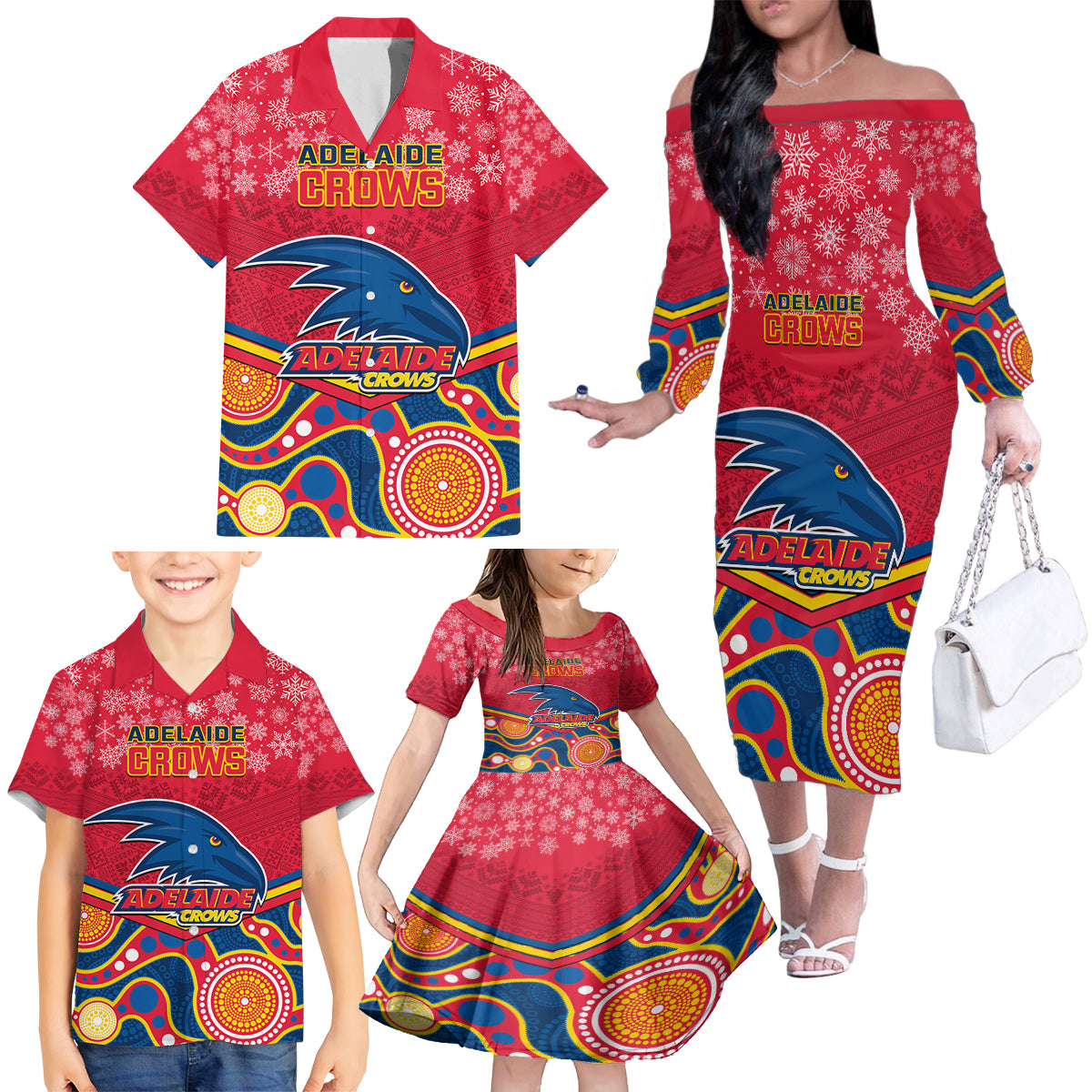 custom-adelaide-crows-football-christmas-family-matching-off-shoulder-long-sleeve-dress-and-hawaiian-shirt-merry-xmas-2023-mix-aboriginal-art