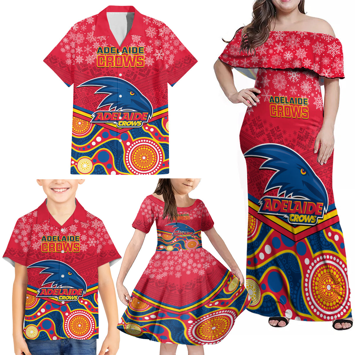 custom-adelaide-crows-football-christmas-family-matching-off-shoulder-maxi-dress-and-hawaiian-shirt-merry-xmas-2023-mix-aboriginal-art