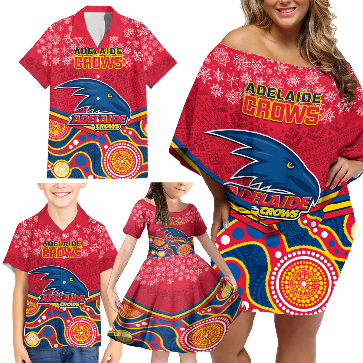 custom-adelaide-crows-football-christmas-family-matching-off-shoulder-short-dress-and-hawaiian-shirt-merry-xmas-2023-mix-aboriginal-art