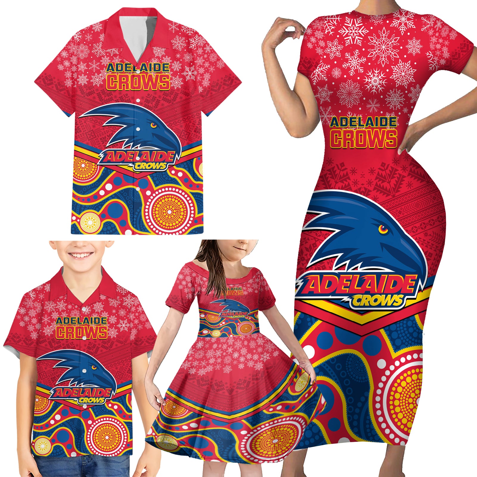 custom-adelaide-crows-football-christmas-family-matching-short-sleeve-bodycon-dress-and-hawaiian-shirt-merry-xmas-2023-mix-aboriginal-art