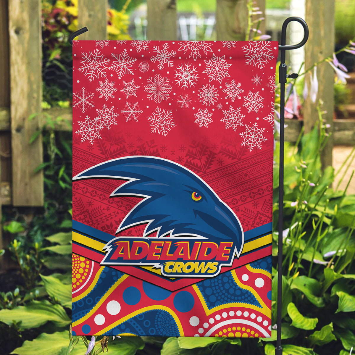 Adelaide Crows Football Christmas Garden Flag Merry Xmas 2023 Mix Aboriginal Art - Vibe Hoodie Shop