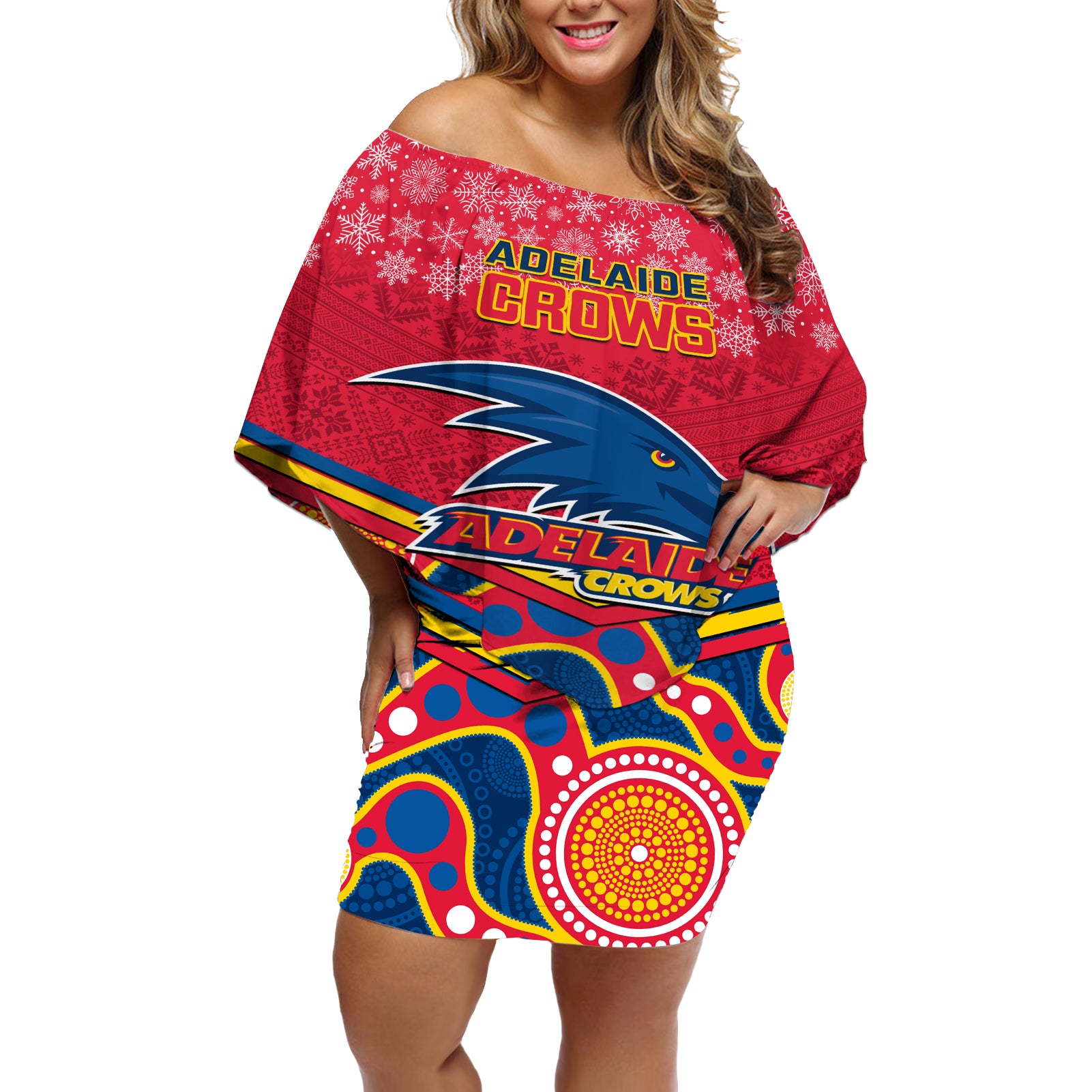 custom-adelaide-crows-football-christmas-off-shoulder-short-dress-merry-xmas-2023-mix-aboriginal-art