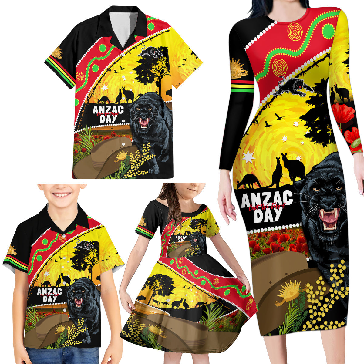 Panthers ANZAC Day Family Matching Long Sleeve Bodycon Dress and Hawaiian Shirt Pennies Mascot Rosemary Starring Night Style