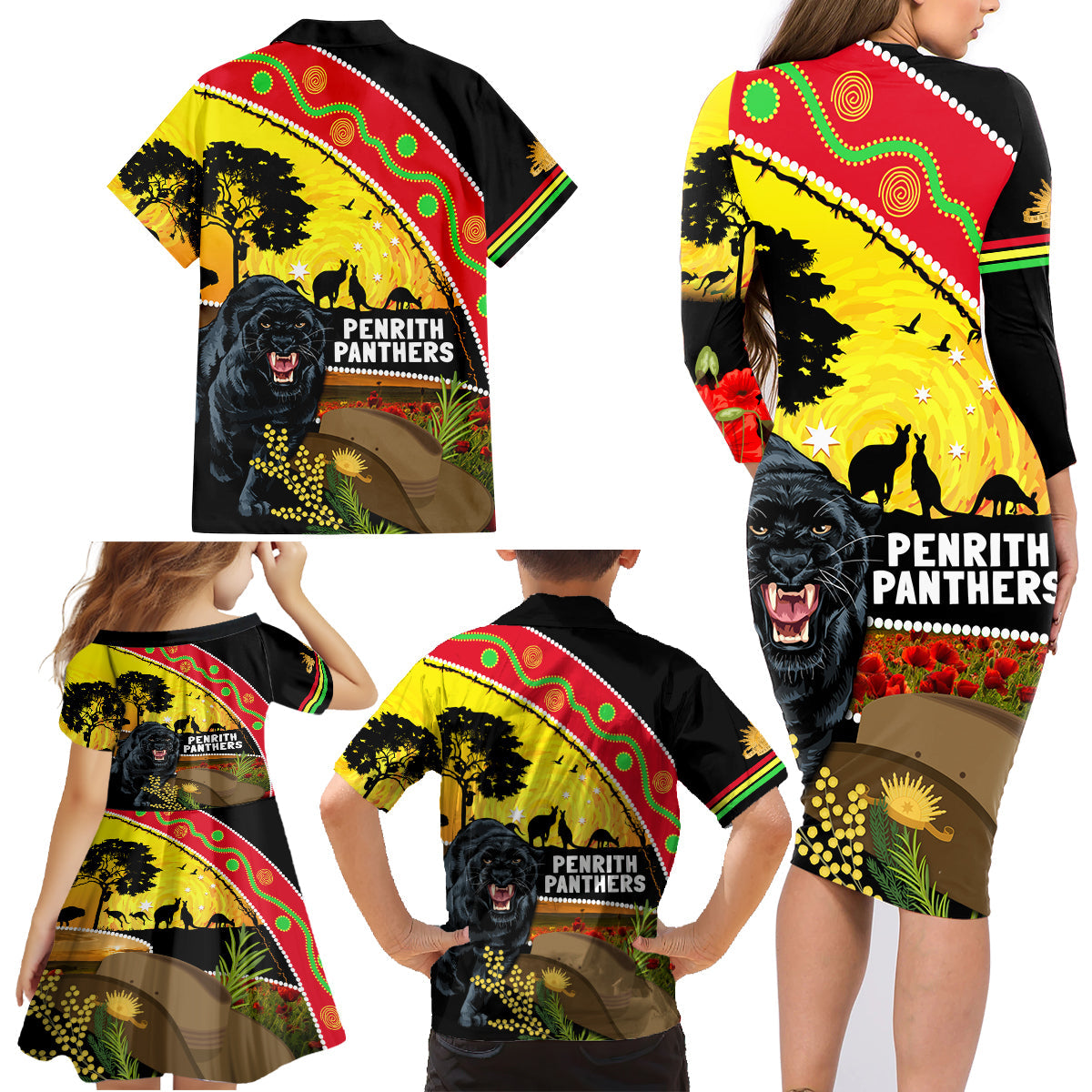 Panthers ANZAC Day Family Matching Long Sleeve Bodycon Dress and Hawaiian Shirt Pennies Mascot Rosemary Starring Night Style