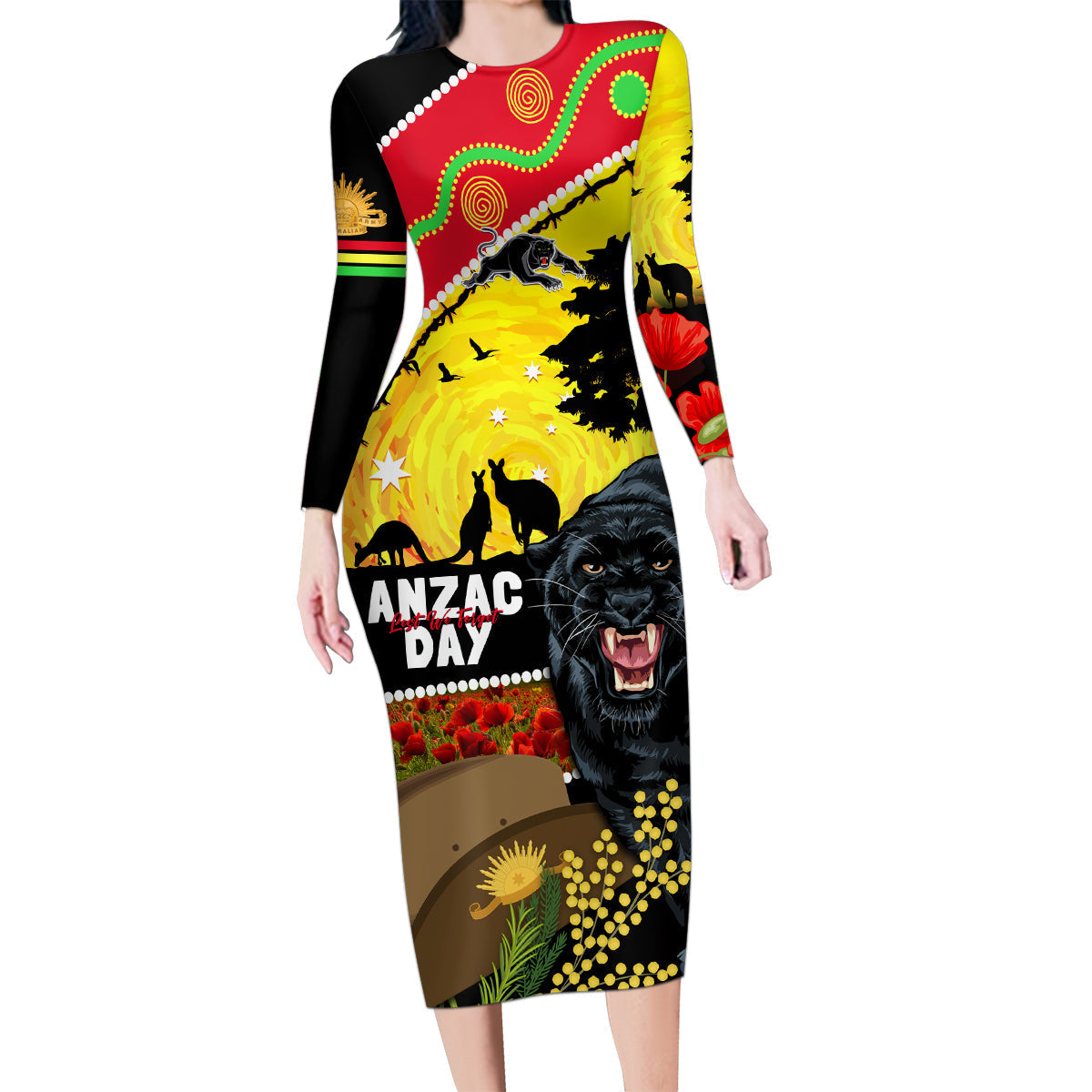 Panthers ANZAC Day Family Matching Long Sleeve Bodycon Dress and Hawaiian Shirt Pennies Mascot Rosemary Starring Night Style