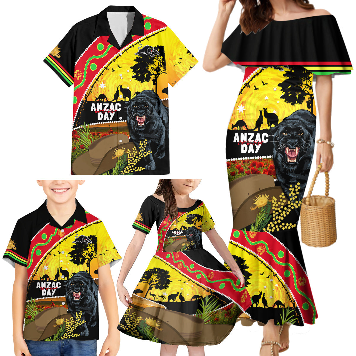 Panthers ANZAC Day Family Matching Mermaid Dress and Hawaiian Shirt Pennies Mascot Rosemary Starring Night Style