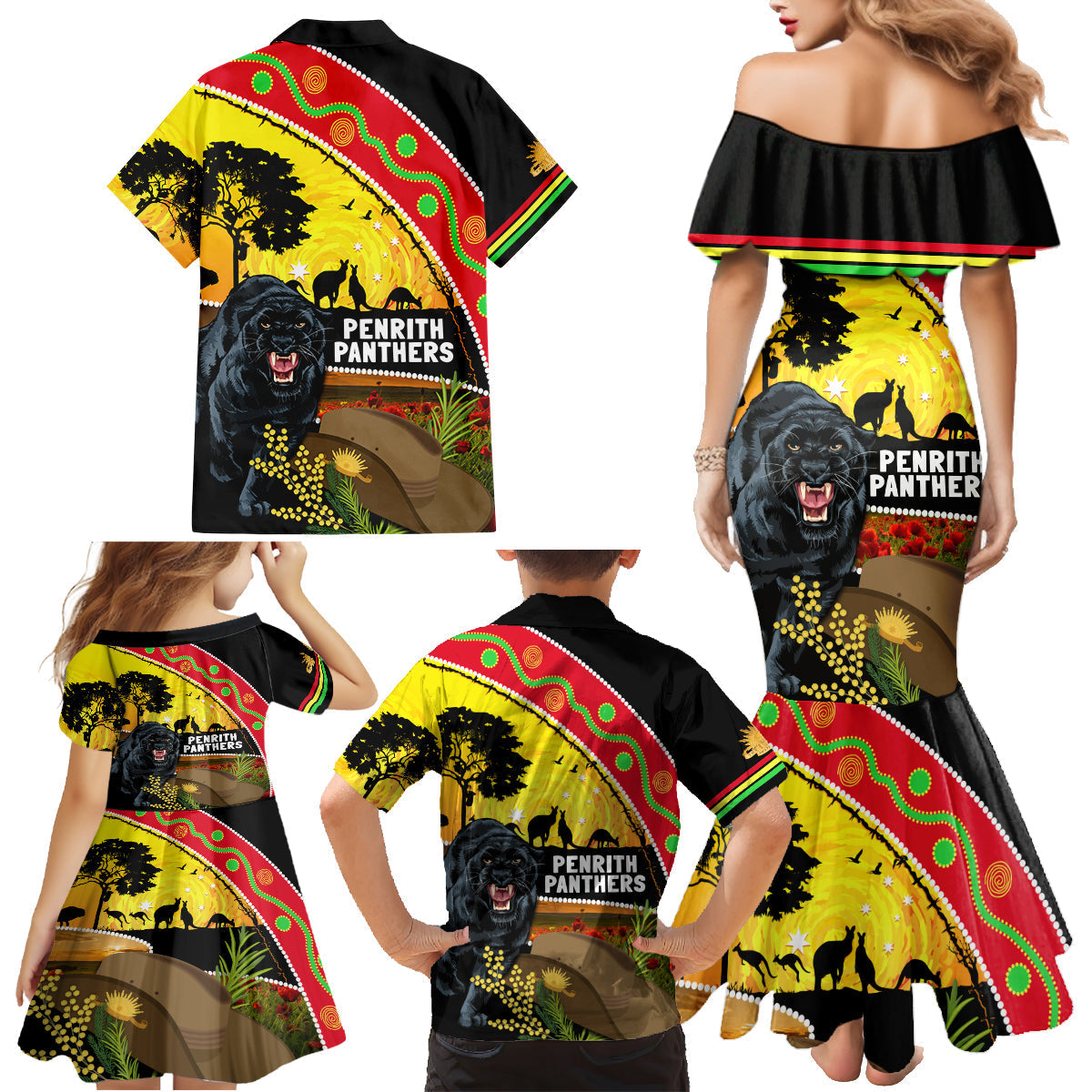 Panthers ANZAC Day Family Matching Mermaid Dress and Hawaiian Shirt Pennies Mascot Rosemary Starring Night Style