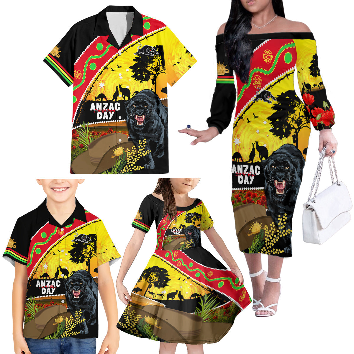 Panthers ANZAC Day Family Matching Off Shoulder Long Sleeve Dress and Hawaiian Shirt Pennies Mascot Rosemary Starring Night Style