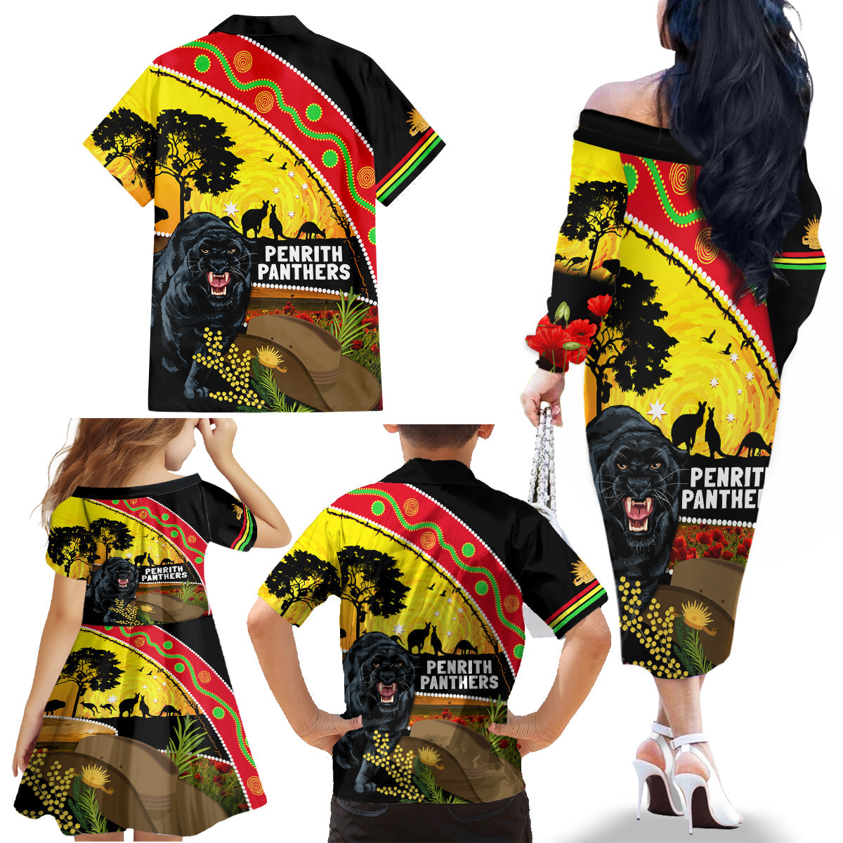 Panthers ANZAC Day Family Matching Off Shoulder Long Sleeve Dress and Hawaiian Shirt Pennies Mascot Rosemary Starring Night Style