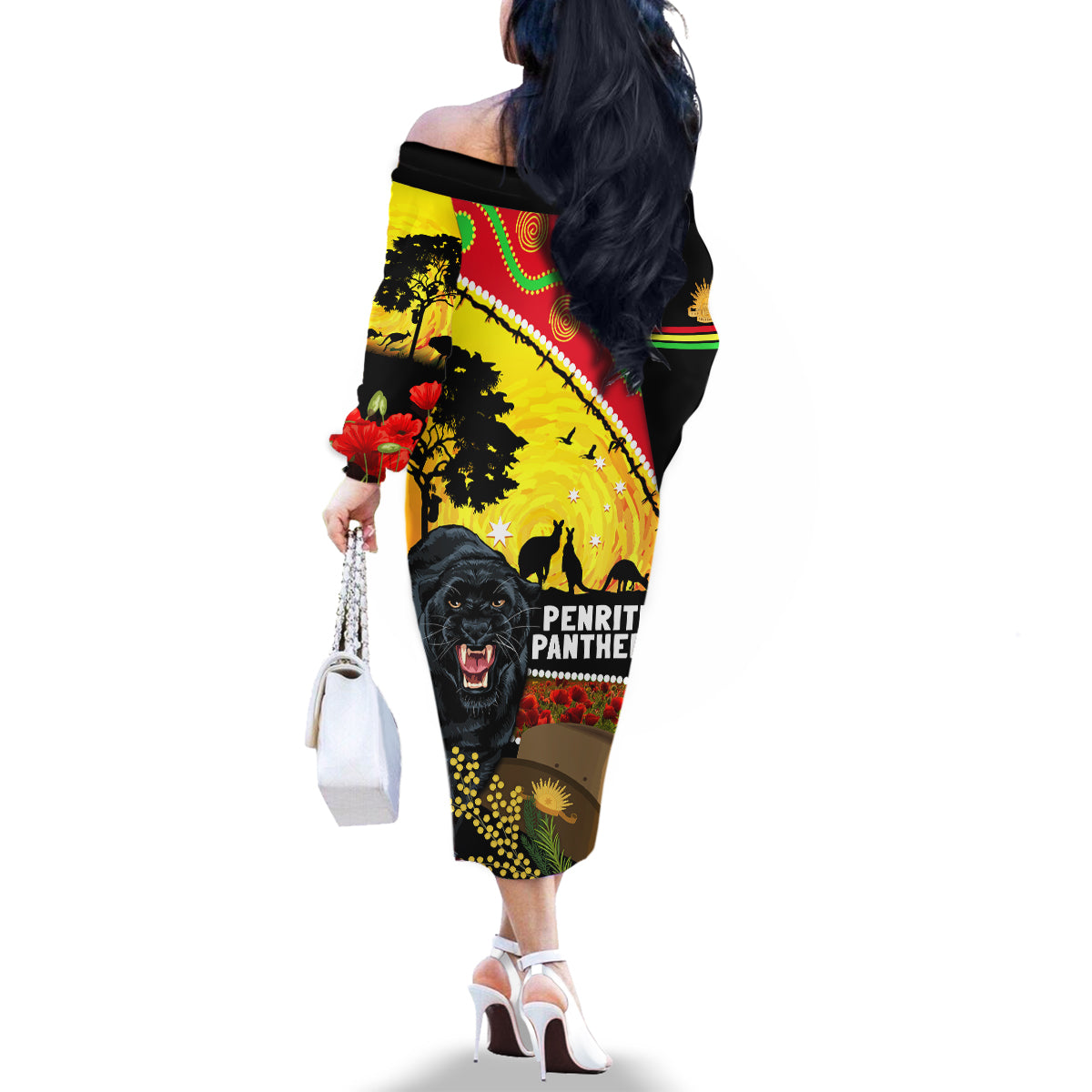 Panthers ANZAC Day Family Matching Off Shoulder Long Sleeve Dress and Hawaiian Shirt Pennies Mascot Rosemary Starring Night Style